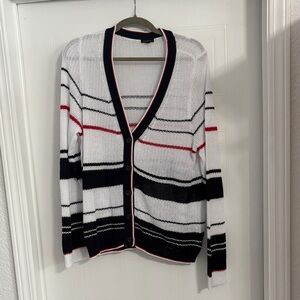 Talbots White Cardigan with Black and Red Stripes